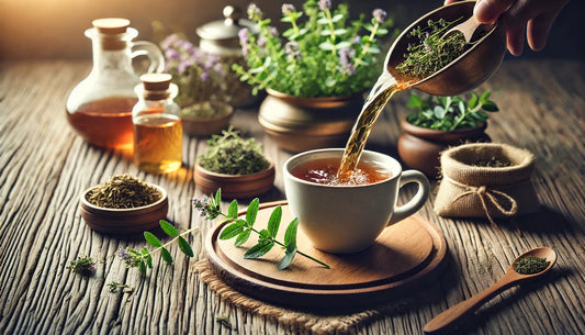 A wide image featuring a close-up of Centaurium erythraea tea being poured into a cup. The scene should include a rustic wooden table with small bowls