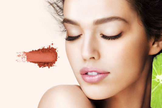 Red clay powder, woman with flawless skin