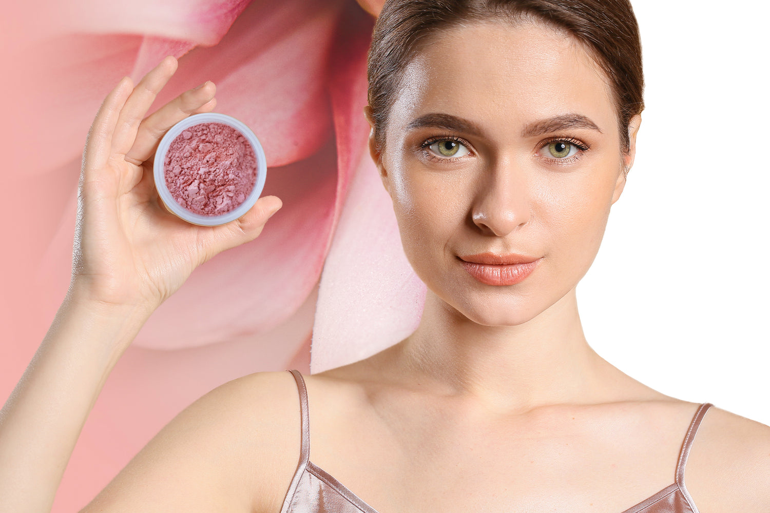 Rose clay, pink clay, lady showing a rose clay powder product